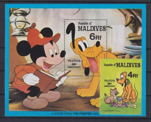 Malediven Walt Disney Mickey Maus und Pluto Blockausgabe und 1 Wert  ** / MNH  