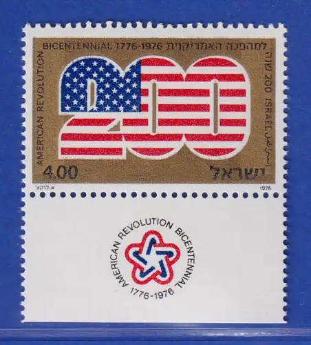 Israel 1976 - 200 Jahre Unabhängigkeit der USA Mi.-Nr. 670 mit Tab postfrisch **