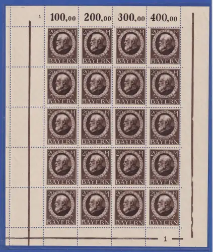 Bayern Ludwig III. Friedensdruck 20 Mark Mi.-Nr. 109 I kpl. Bogen **, Attest BPP