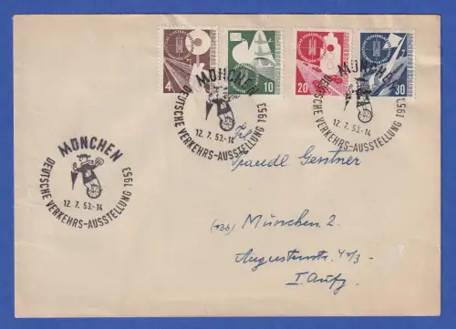 Bund Verkehrsausstellung Mi.-Nr. 167-70 Satz auf Brief mit So.-O MÜNCHEN 12.7.53