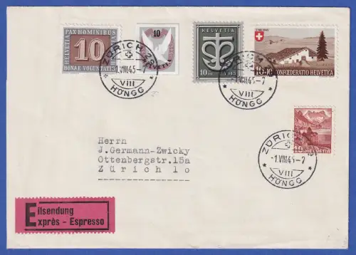 Schweiz 1945 Block-Einzelmarke Taube Mi-Nr. 446 in MIF auf Orts-Eilbrief Zürich 