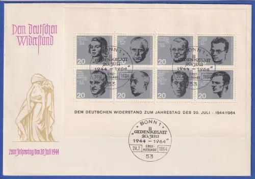 Bund 1964 20.Juli Widerstandskämpfer Mi.-Nr. Block 3 auf FDC Sonder-O BONN
