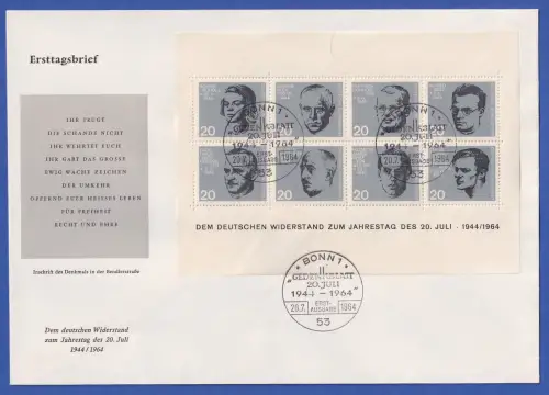 Bund 1964 20.Juli Widerstandskämpfer Mi.-Nr. Block 3 auf FDC  mit Sonder-O BONN