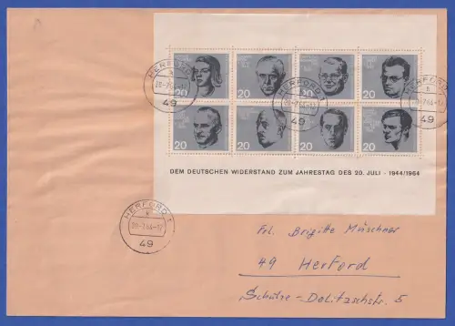 Bund 1964 20.Juli Widerstandskämpfer Mi-Nr. Block 3 auf gelaufenem FDC O HERFORD