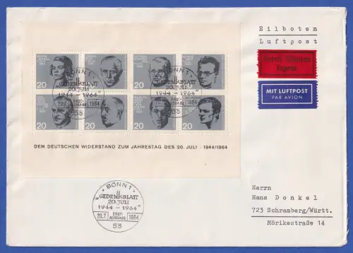 Bund 1964 20.Juli Widerstand Mi.-Nr. Block 3 auf gel. Eil-Lp-FDC  Sonder-O BONN