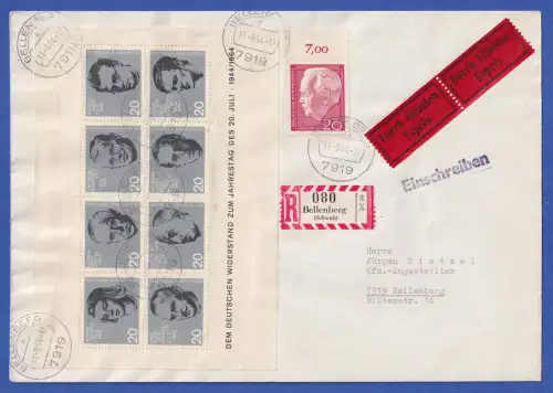 Bund 1964 20.Juli Widerstand Mi.-Nr. Block 3 auf R-Eilbrief gel. ab Bellenberg
