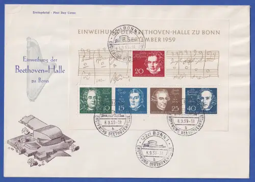 Bundesrepublik 1959 Beethovenblock auf großform. FDC mit ET-Sonderstempel Bonn