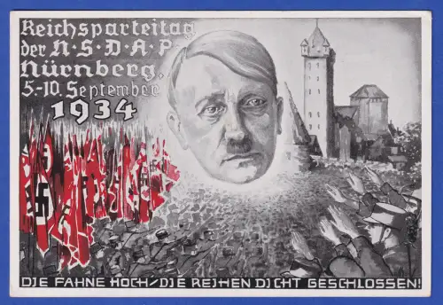 Dt. Reich 1934 NS-Propaganda-Postkarte Reichsparteitag - Hitler als Lichtgestalt