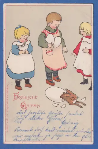 Alte AK Fröhliche Ostern Kinder und Hase springt aus Ei gelaufen 1904