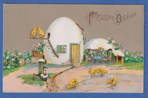 Alte AK Fröhliche Osterei Siedlung mit Küken gelaufen 1911