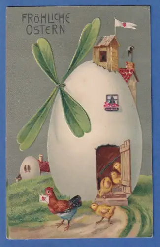 Alte AK Fröhliche Ostern Osterei Windmühle mit Küken gelaufen 1911