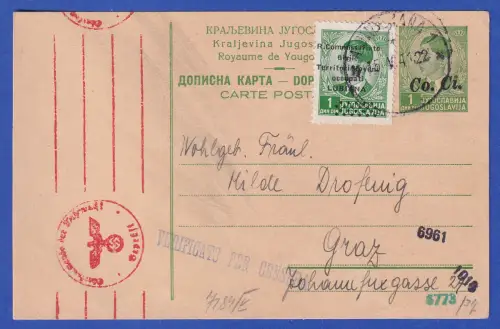 Italien. Besetzg. Laibach GA Zensierte Postkarte m. Zufrankatur O LJUBLJANA 1941