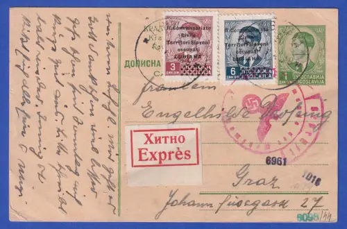 Italien. Bes. Laibach GA Zensierte Eil-Postkarte m. Zufrankatur O LJUBLJANA 1941
