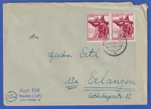 Dt. Reich 1944 Mi.-Nr. 898 Paar als MEF auf Brief von Weiden nach Erlangen