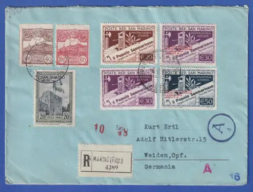 San Marino zensierter R-Brief vom 6.7.1943 mit Sondermarken gelaufen nach Weiden