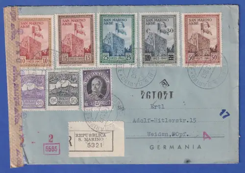 San Marino zensierter R-Brief mit Sondermarken vom 31.3.1943 gelaufen n. Weiden