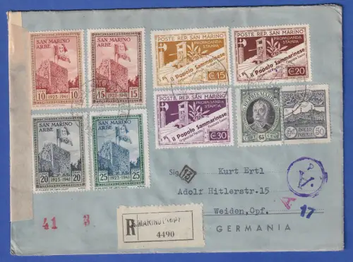 San Marino zensierter R-Brief mit Sondermarken vom 20.5.1943 gelaufen n. Weiden