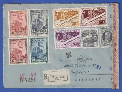 San Marino zensierter R-Brief mit Sondermarken vom 22.5.1943 gelaufen n. Weiden