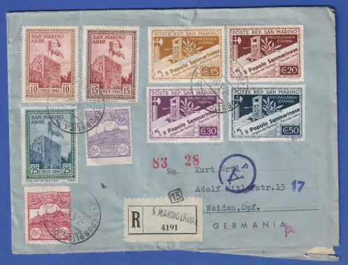 San Marino zensierter R-Brief mit Sondermarken vom 7.5.1943 gelaufen n. Weiden
