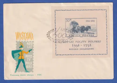 Polen 1958 400 Jahre Post Postkutsche Mi.-Nr. Block 22 auf Ersttagsbrief / FDC