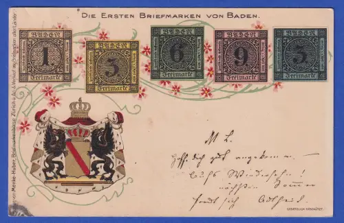  Alte Postkarte - Wappen und historische badische Briefmarken gel. 1900