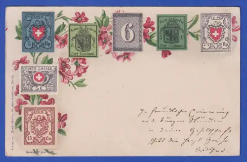 Schweiz Alte Postkarte - Historische schweizerische Briefmarken gel. 1900