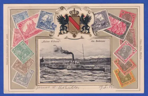 Postkarte Bodensee-Dampfer und deutsche Briefmarken gelaufen 1905