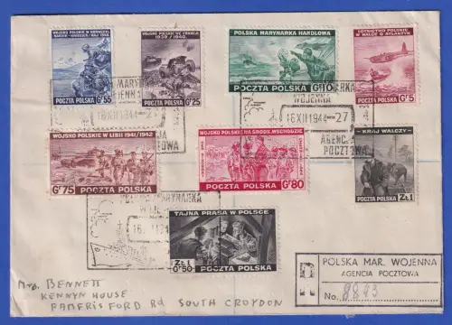 Polen Polnische Exilregierung 1943 Mi.-Nr. 368-375 auf R-Brief O 16.XII.1944