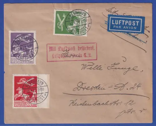 Dänemark 1925 Luftpost Mi.-Nr. 143-145 als MiF a. LP-Brief O Kopenhagen 12.4.28