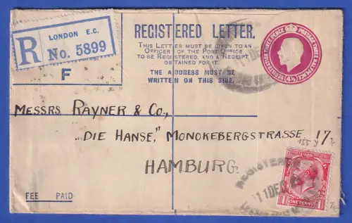 Großbritannien 1920er Jahre GA R-Brief mit Zufrankatur O LONDON nach Hamburg