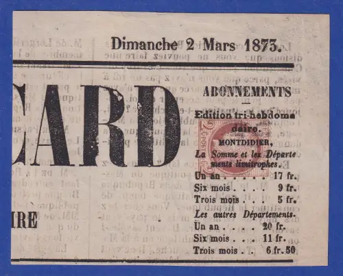Frankreich 1870 Ceres 2 Centimes Mi.-Nr. 40 überdruckt auf Zeitungsstück 1873