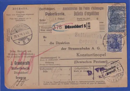 Dt. Reich Paketkarte O DÜSSELDORF gelaufen nach Konstantinopel 1915