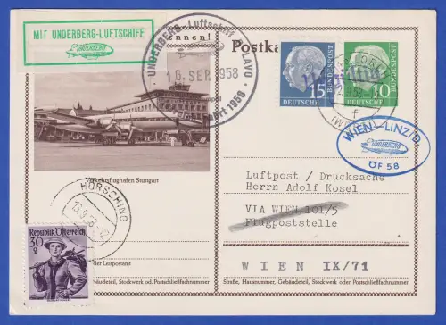 Bund 1958 Postkarte mit So.-O, befördert mit UNDERBERG-Luftschiff D-LAVO