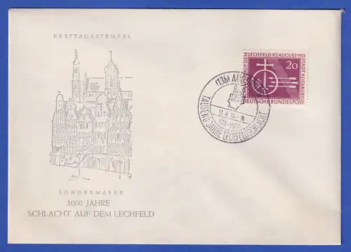 Bund 1955 Schlacht auf dem Lechfeld Mi.-Nr. 216 auf FDC mit So.-O AUGSBURG