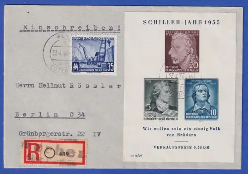 DDR 1956 Mi.-Nr. 519 und Block 12 auf R-Brief O WERBEN (Spreewald)