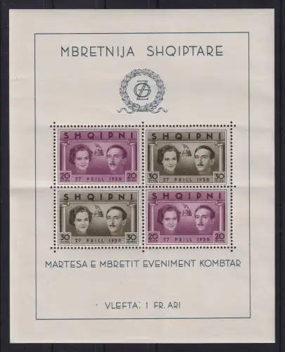 Albanien 1938 Königliche Hochzeit Mi.-Nr. Block 2 postfrisch **
