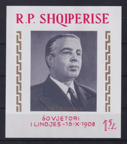 Albanien 1968 Enver Hoxha 60. Geburtstag Mi.-Nr. Block 34 postfrisch **