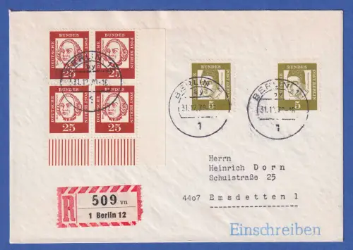 Berlin Bed. Deutsche 25Pfg Eckrand-Viererblock UR in MIF auf R-Brief, 1970