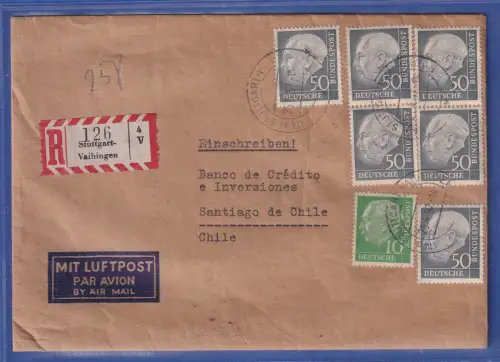 Bund Heuss 6x 50Pfg und 1x 10Pfg auf LP-R-Brief aus Stuttgart-Vaihingen n. Chile