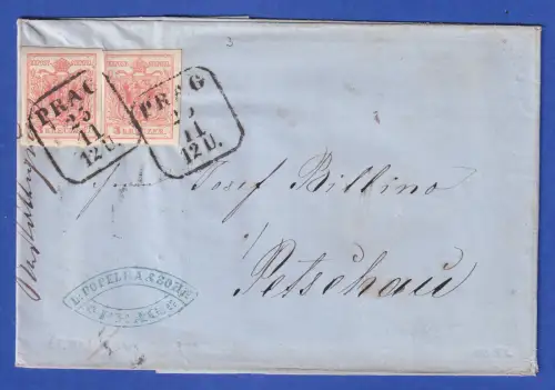 Österreich Wappen 3 Kr Mi.-Nr. 3 II auf Brief O PRAG nach Petschau 1856