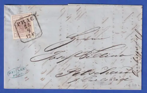 Österreich Wappen 6 Kr Mi.-Nr. 4 II Type III auf Brief O PRAG nach Petschau 1858
