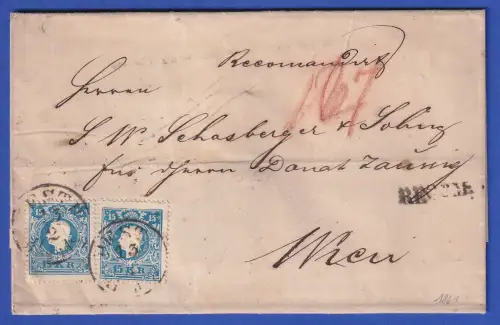 Österreich Franz Joseph MiF Mi.-Nr. 14 II und 2mal 15 II a. R-Brief O PESTH 1861