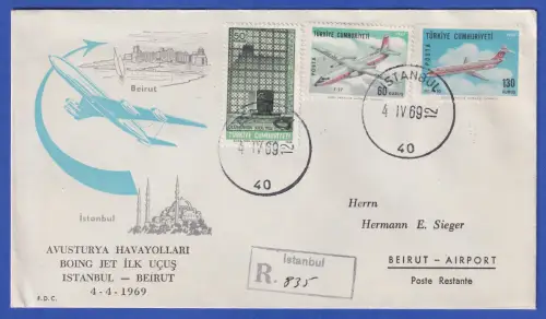 Türkei AUA-Erstflugbeleg R-Brief Instanbul-Beirut 4.4.1969