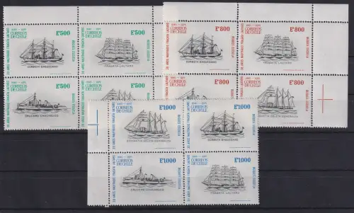 Chile 1975 Segelschiffe Mi.-Nr. 830-841 kpl. Satz in 3 Viererblocks **/ MNH