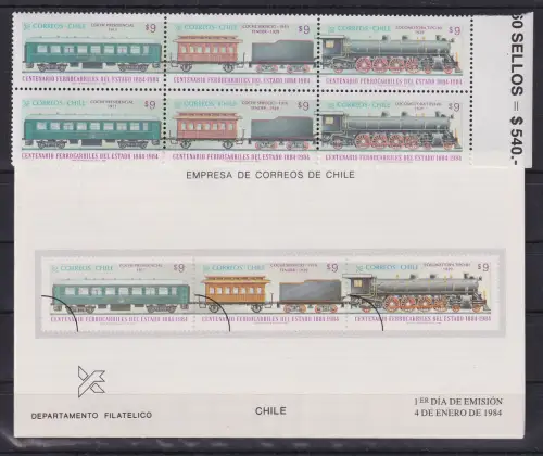 Chile 1984 Eisenbahn Mi.-Nr. 1033-35 2 Sätze als 6er-Block **/ MNH, dazu Folder