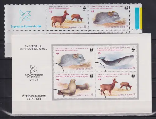 Chile 1984 Weltweiter Naturschutz Tiere WWF Mi.-Nr. 1066-69 4er-Block **/ MNH