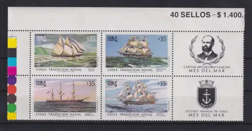 Chile 1986 Segelschiffe Mi-Nr. 1133-36 Viererblock mit Zierfeldern **/ MNH 