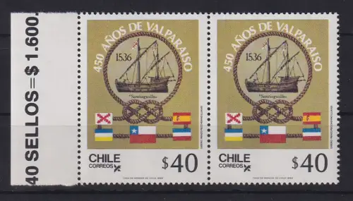 Chile 1986 Segelschiff Bucht von Valparaiso Mi-Nr. 1127 waag. Paar **/ MNH 
