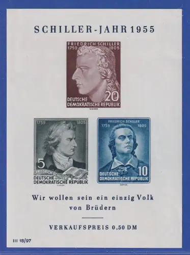 DDR 1955 Schiller-Jahr Mi.-Nr. Block 12 postfrisch ** / MNH 