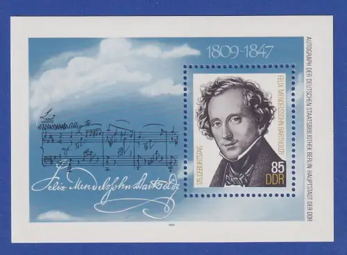 DDR 1984 Mendelssohn-Bartholdy Mi.-Nr. Block 76 postfrisch ** / MNH 
